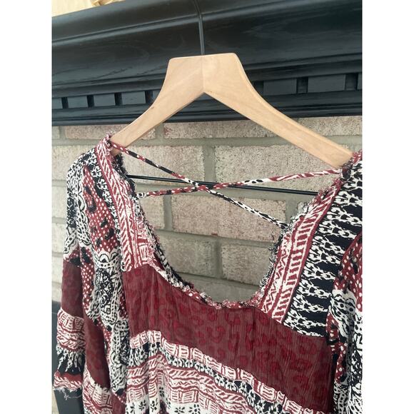 Free People Heart of Gold Boho Bell Sleeve Mini Dress XS Burgundy Tunic Top - Picture 9 of 10